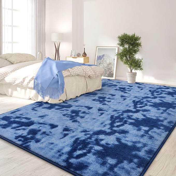 FlyDOIT Large Area Rugs for Living Room Bedroom, 5x8 Ft Tie-Dyed Navy Blue Ultra Soft Comfy Thickened Memory-Foam Indoor Carpets, Cozy Modern Floor Rug for Boys Girls Playroom Dorm Nursery Home Décor