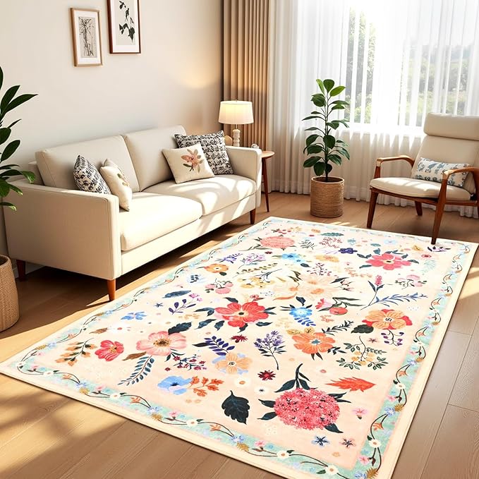 4x6 Floral Rug for Girls Bedroom, Machine Washable Area Rugs with Non Slip Backingfor Living Room, Cute Flowers Carpet Kitchen Dining Room Kids Playroom Decor, Peach White