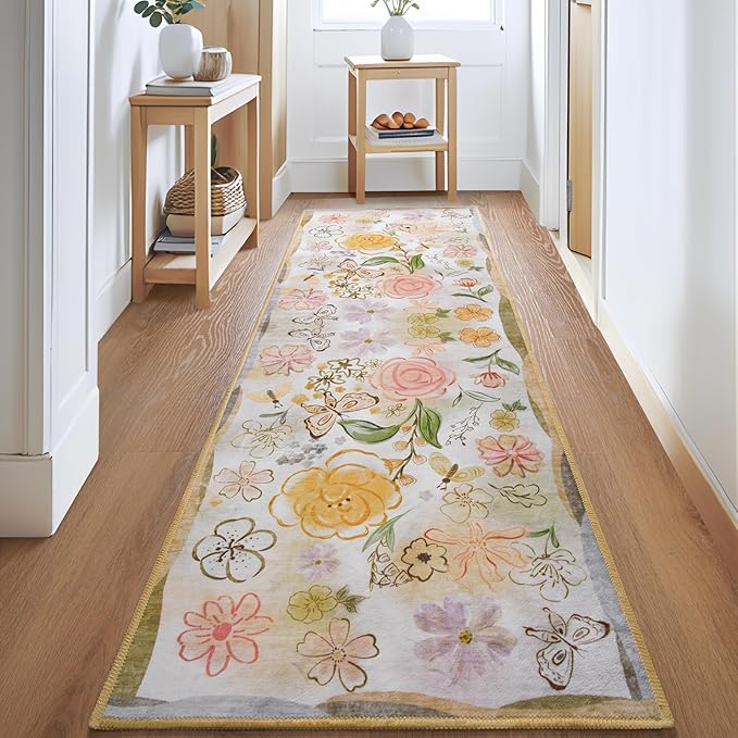ST. BRIDGE Beige Runner Rug 2x6, Washable Rug Runners for Hallway Entryway Bedroom, Non-Slip Low Pile Boho Floral Throw Rugs Soft Faux Wool Floor Carpet for Kitchen, Bathroom, Laundry