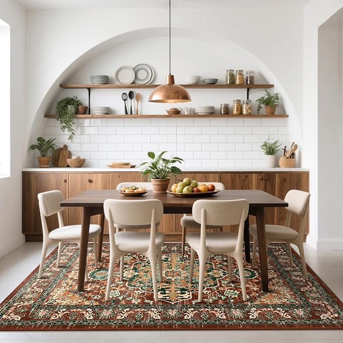U'Artlines Boho Vintage Area Rug 6x9 ft Machine Washable Low Pile Soft Floor Carpet Non Slip Non Shedding Accent Rug for Living Room Bedroom Entryway Dining Room Office Rust＆Teal