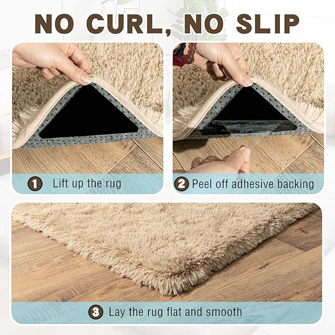 2x3 Area Rug for Bedroom, Small Rugs for Living Room Nursery Kids Room Dorm Home Decor Aesthetic, Fluffy Shaggy Rug with 4 Anti-Slip Carpet Tapes, Light Tan