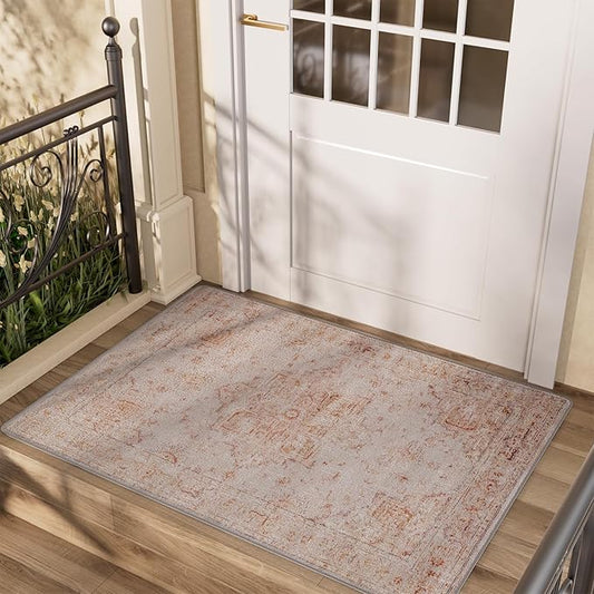 2x3 Small Washable Non-Slip Vintage Chenille Area Rug,Low Pile Distressed Floral Carpet for Entryway Kitchen, Boho Farmhouse Stain Resistant Indoor Rug