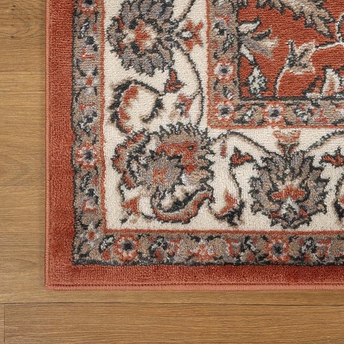 Superior Indoor Runner Rug, with Jute Backing, Chic Bordered Floor Decor for Living Room, Bedroom, Office, Entryway, Kitchen, Dining, Floral Design, Lille Collection, 2' 7" x 8', Brown-Salmon