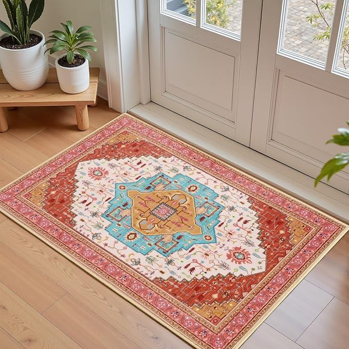 2x3 Orange Pink Small Area Rug for Entryway, Soft Washable Rugs with Non-Slip Backing for Bedroom Kitchen, Vintage Throw Carpet Laundry Entry Front Front Door Decor