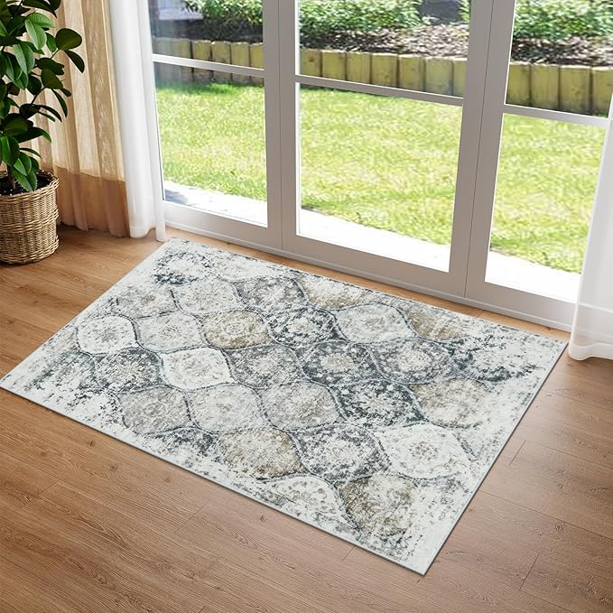 LIVEBOX Washable Rug 2x3 Kitchen Mats for Floor Entryway, Non Slip Front Door Mat for Bathroom Hallway,Boho Low-Pile Small Carpet Moroccan Throw Indoor Rugs for Bath Sink, Black