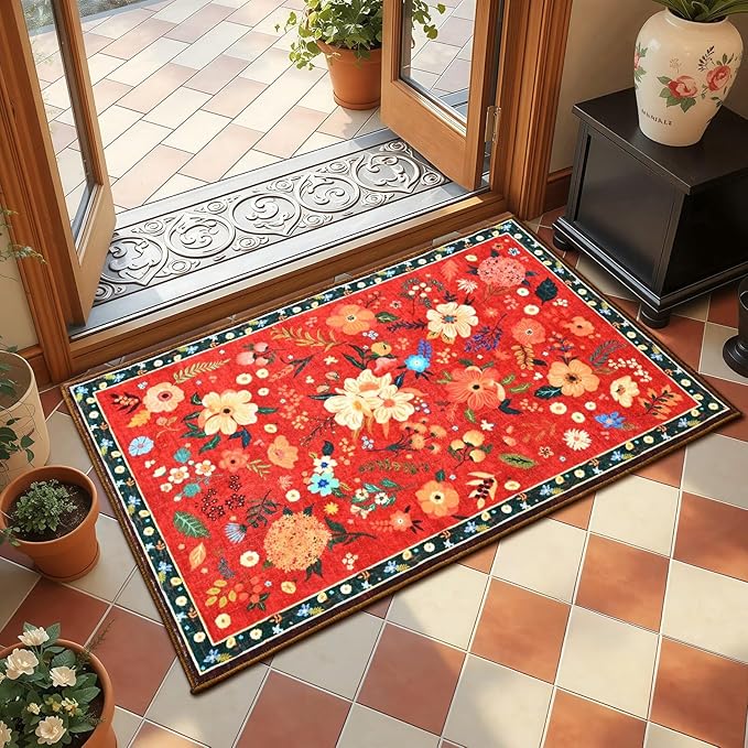 2x3 Small Floral Rug for Entryway, Flowers Printed Washable Rugs with Non Slip Backing for Girls Bedroom Kitchen, Cute Throw Carpet Front Door Entry Decor, Red