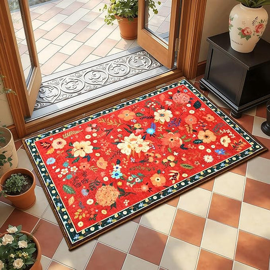 2x3 Small Floral Rug for Entryway, Flowers Printed Washable Rugs with Non Slip Backing for Girls Bedroom Kitchen, Cute Throw Carpet Front Door Entry Decor, Red