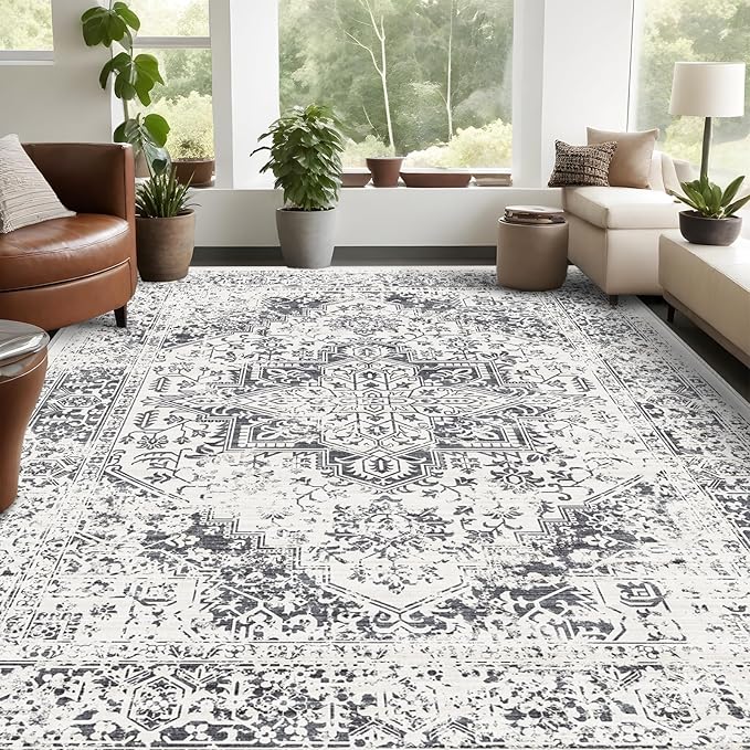 10x14 Large Area Rug - Vintage Washable Rug for Living Room with Non-Slip Low-Pile Traditional Medallion Border Rugs with Stain Resistant Foldable Retro Accent Indoor Thin Carpet