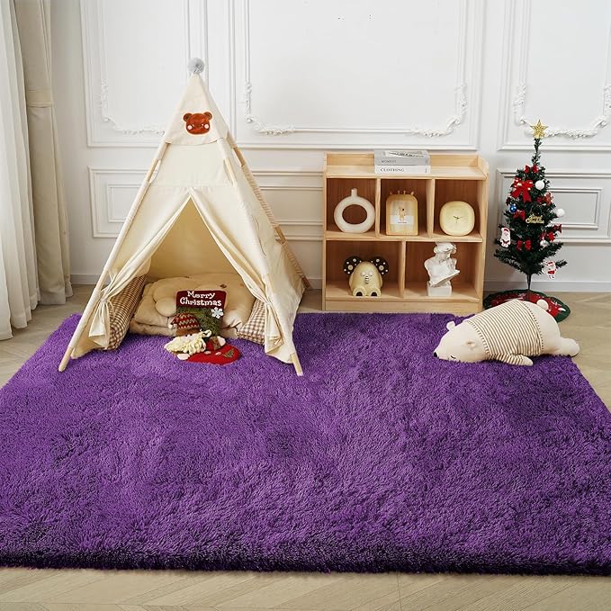 Purple Fluffy Rug Shaggy Area Rug, 5x8 Area Rugs for Girls Bedroom, Soft Cute Baby Play Mat, Indoor Floor Carpet for Teen, Nursery, Preppy Dorm, Plush Aesthetic Bedside Rug