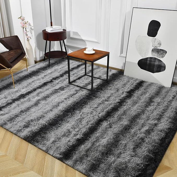 TWINNIS Super Soft Shaggy Rugs Fluffy Carpets, 5x8 Feet, Indoor Modern Plush Area Rugs for Living Room Bedroom Kids Room Nursery Home Decor, Upgrade Anti-Skid Rectangular Fuzzy Rug, Gray Black