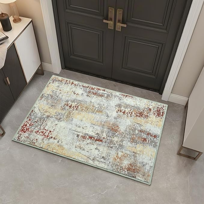 2x3 Washable Small Area Rug, Abstract Non-Slip Door Mat, Modern Low Pile Indoor Entryway Rugs, Tan Stain Resistant Throw Carpet for Front Door, Kitchen, Entry, Inside Entrance