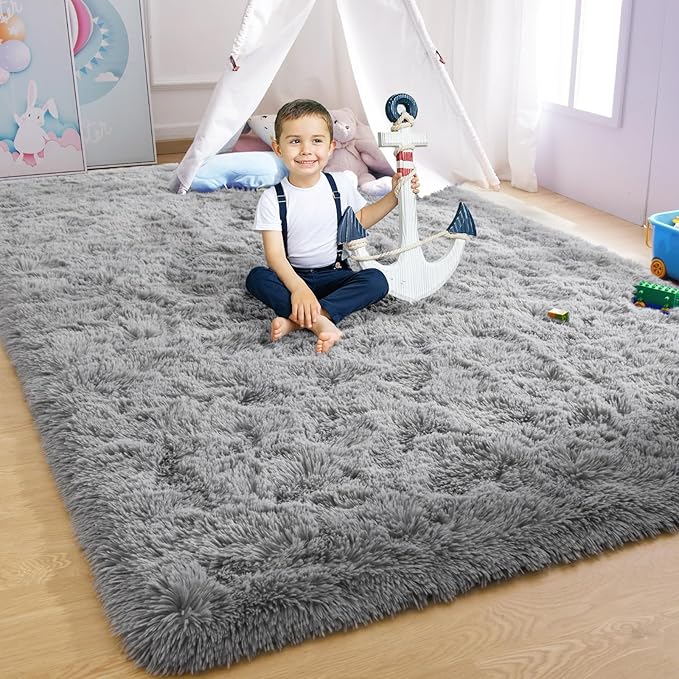 YJ.GWL Area Rugs for Living Room Bedroom, 6x9 Machine Washable Large Grey Carpet, Soft Fluffy Shaggy Thick Big Shag Indoor Floor Rug for Kids Boy and Girls Room Dorm Home Decor Aesthetic
