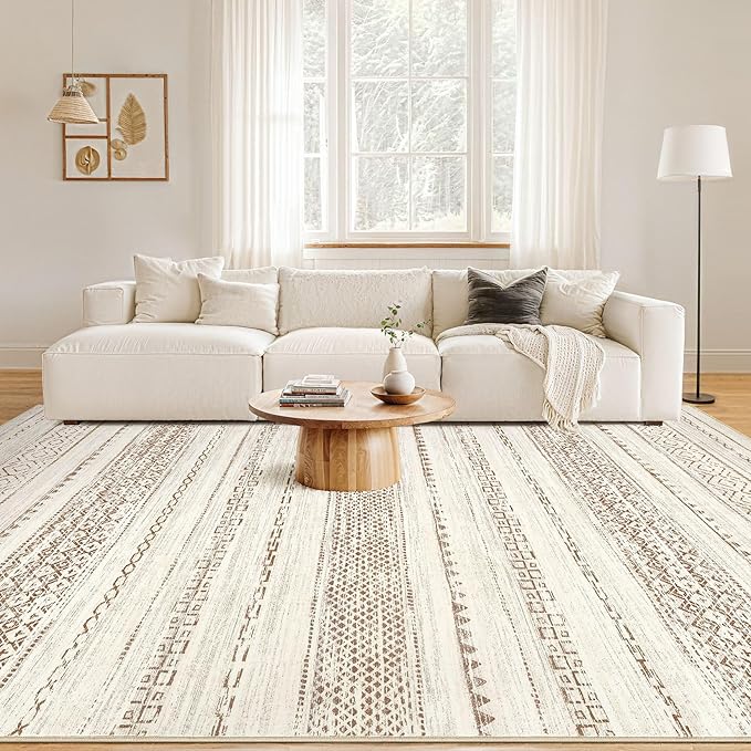10x12 Area Rug Living Room: Washable Boho Large Neutral Modern Soft Farmhouse Rugs Stain Resistant Indoor Floor Non Slip Accent Carpet for Bedroom Nursery Kids Playroom Office Dining Room- Brown