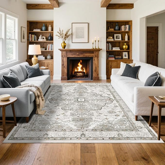 U'Artlines Boho Vintage Area Rug 8x10 Machine Washable Low Pile Soft Floor Carpet Non Slip Non Shedding Accent Rug for Living Room Bedroom Entryway Dining Room Office Grey Taupe
