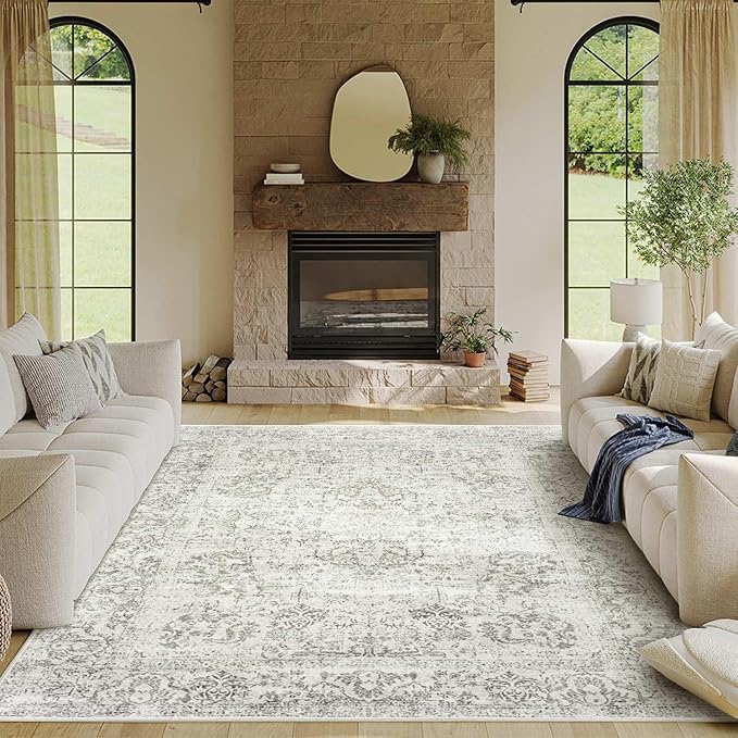 5X7 Washable Area Rug for Living Room, Neutral Vintage Large Boho Rugs for Office, Dining Room, Kids Room, Farmhouse, Durable Low Pile Non Slip Carpet for High Traffic Areas, Light Grey