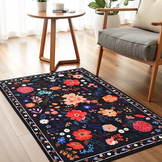 2x3 Small Floral Rug for Entryway, Flowers Printed Washable Rugs with Non Slip Backing for Girls Bedroom Kitchen, Cute Throw Carpet Front Door Entry Decor, Black