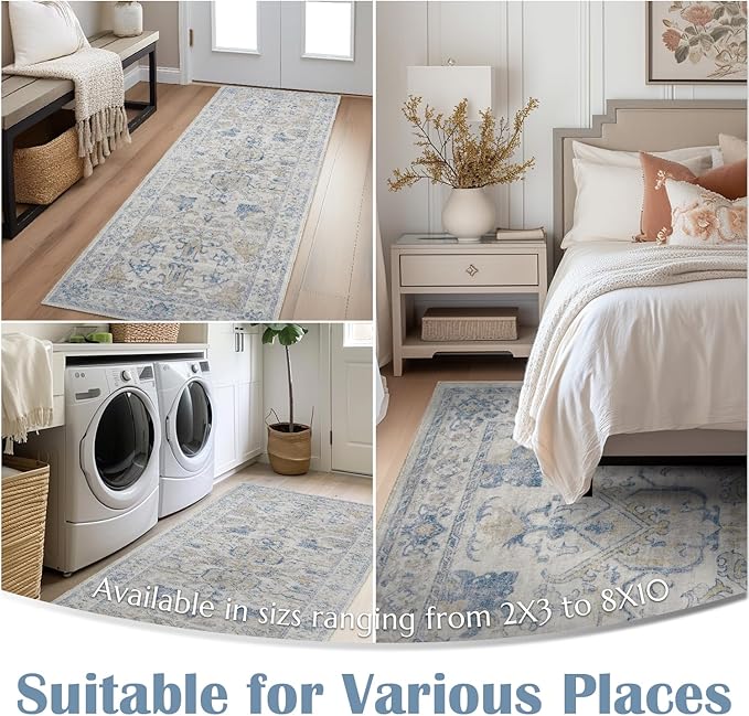 jinchan Runner Rug 2x5 Machine Washable Hallway - Vintage Floral Non-Slip Low-Pile Soft Ultra-Thin Kitchen Rug Distressed Carpet Runner for Farmhouse Bedroom Entryway Laundry Room(2x5ft,Blue)