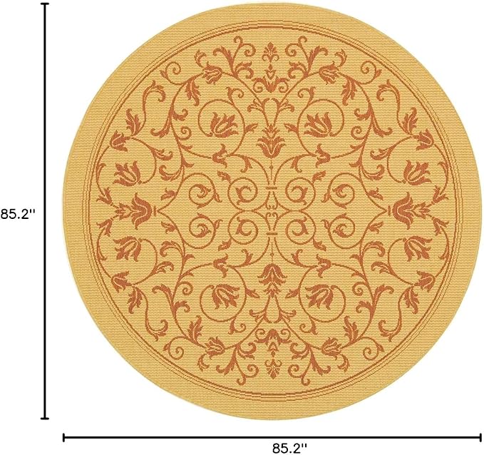 SAFAVIEH Courtyard Collection 7'10" Round Natural / Terra CY2098 Scroll Indoor/ Outdoor Splashproof Easy Scrubbing Patio Backyard Mudroom Area Rug