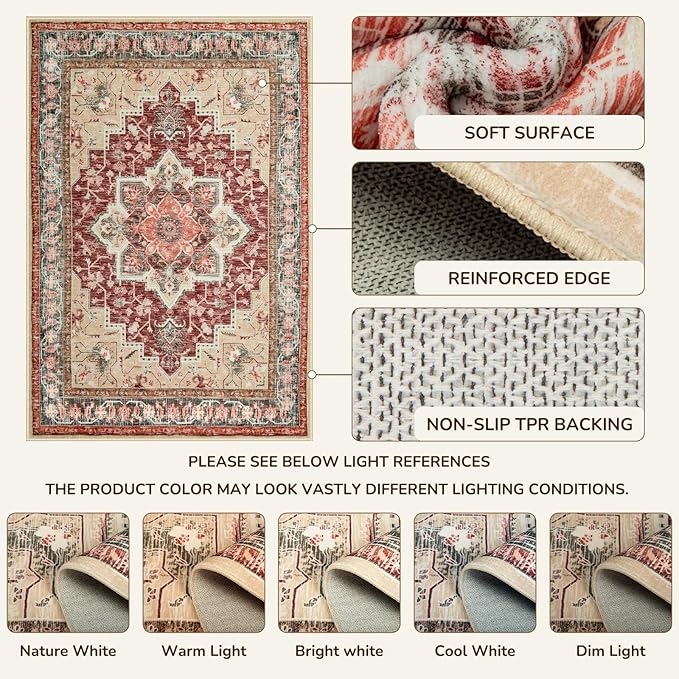 BESTSWEETIE 2x10 Area Rugs for Living Room, Washable Ultra Soft Boho Vintage Print Pattern Rug Non Slip Low Pile Carpet for Dining Room Bedroom Entryway Indoor-Wine/Natural/Red/Black