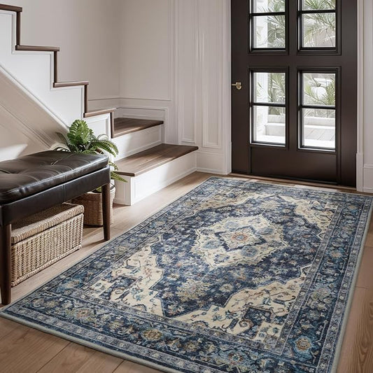 AMOAMI-3X5 Area Rug-Soft Washable Rug for Living Room Bedroom -Non Slip Entryway Rug-Indoor Vintage Throw Rug Accent Rug for Living Room Laundry Room Kitchen Bathroom Bedside Blue