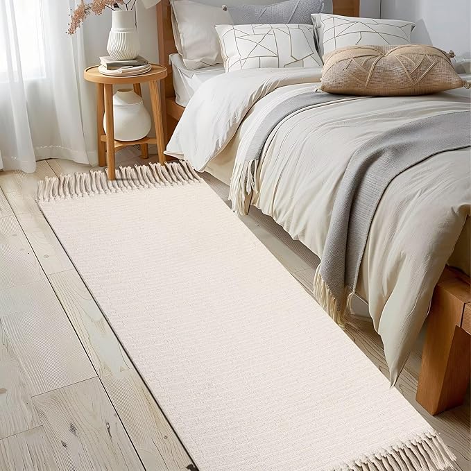 Boho Runners for Hallways, 2' x 6' Washable Hall Carpet Runner Rug Hand-Woven Washable Kitchen Rug Beige Cotton Striped Floor Mat for Entryway Indoor Bedroom Farmhouse Laundry Room