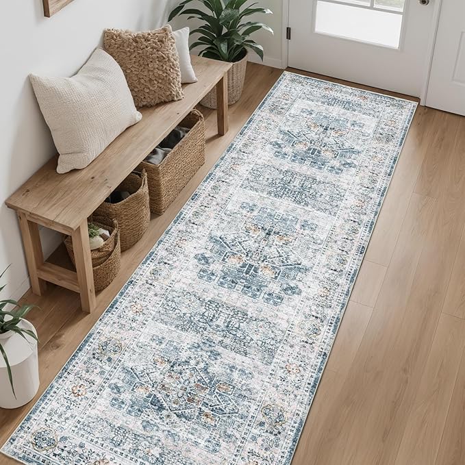 Hallway Runner Rug 2x12 Washable Area Rugs, Vintage Floral Rug Soft Non Slip Stain Resistant Boho Floor Carpet Runners for Hallways Entryway Laundry Room Kitchen, and Bedroom White Blue