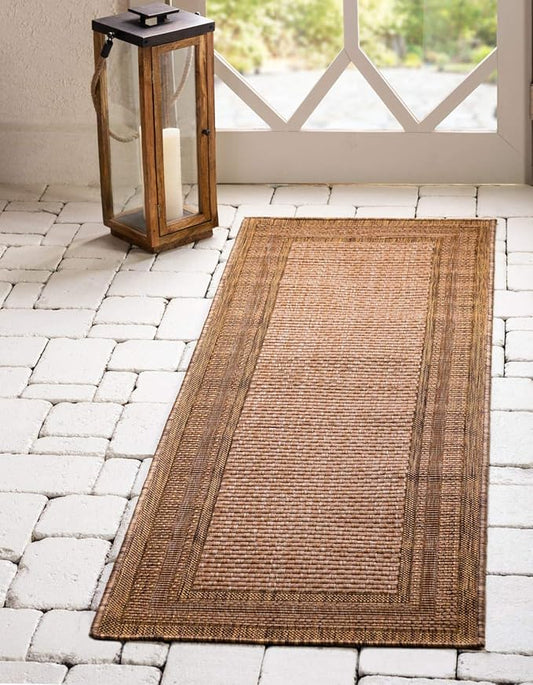 Unique Loom Outdoor Border Collection Area Rug - Multi Border (2' 2" x 6' 1" Runner, Tan/ Light Brown)