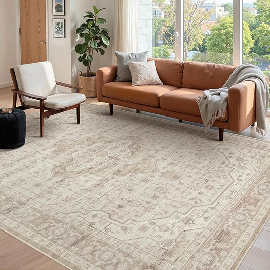5X7 Washable Area Rug for Living Room, Vintage Neutral Large Boho Rugs for Office, Dining Room, Kids Room, Farmhouse, Durable Low Pile Non Slip Carpet for High Traffic Areas, Light, Cream