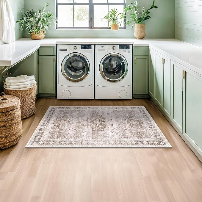 Washable Neutral Farmhouse Large Entryway Rug, 3x5 Area Rugs for Kitchen, Bedroom, Laundry Room, Nursery Room, Boho Vintage Floral Non-Slip Throw Rug Low Pile Stain Resistant (3x5 Beige/Latte)