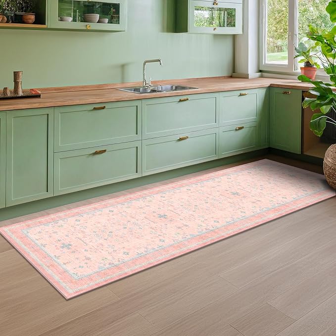Washable Pink Hallway Runner Rug, 2x6 Area Rugs for Kitchen Floor Mat, Laundry Room, Bedroom - Boho Modern Floral Distressed Oushak Design, Soft Faux Wool Low Pile Non Slip Stain Resistance Carpet