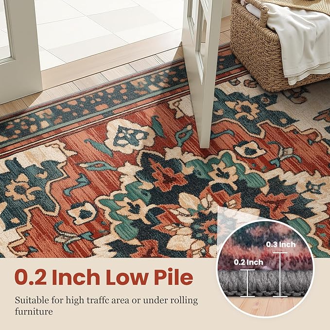 2x10 Machine Washable Non-Slip Rug & Mat - Soft Faux Wool & Polyester, Boho Stain-Resistant Indoor Carpet for Hallways, Kitchen, Entryway,Laundry, Bedroom, Bathroom, Low Pile, High Traffic
