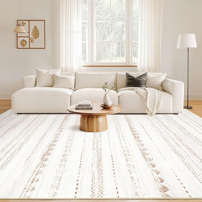 10x12 Area Rug Living Room: Washable Boho Large Neutral Modern Soft Stain Resistant Farmhouse Indoor Floor Rug Non Slip Accent Carpet for Bedroom Nursery Kids Playroom Office Dining Room- Brown