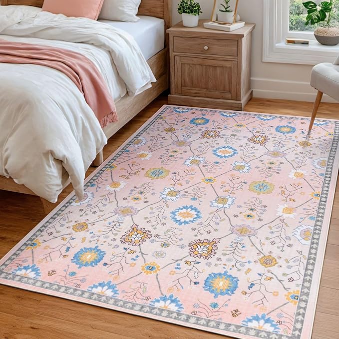 Syalife 3x5 Area Rugs, Non Slip Washable Low Pile Rugs for Living Room, Kitchen, Hallway, Bedroom Bedside, Kids Room, College Dorm (Pink Floral, 3'x5')