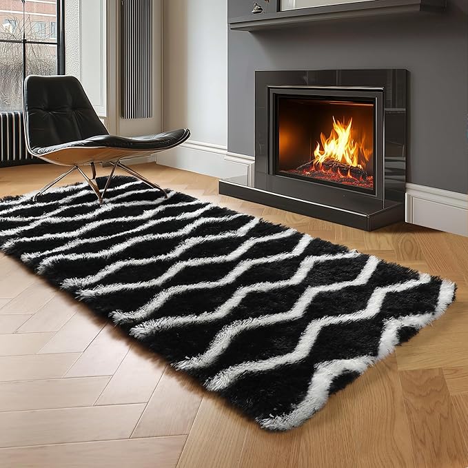RUGTUDER Soft Fluffy Runner Rug for Bedroom, 2x6 Washable Plush Fuzzy Shaggy Bedside Rugs Black and White Striped Chevron Rugs, Non Slip Long Rug for Living Room Boys Room Kids Nursery Teen Dorm Decor