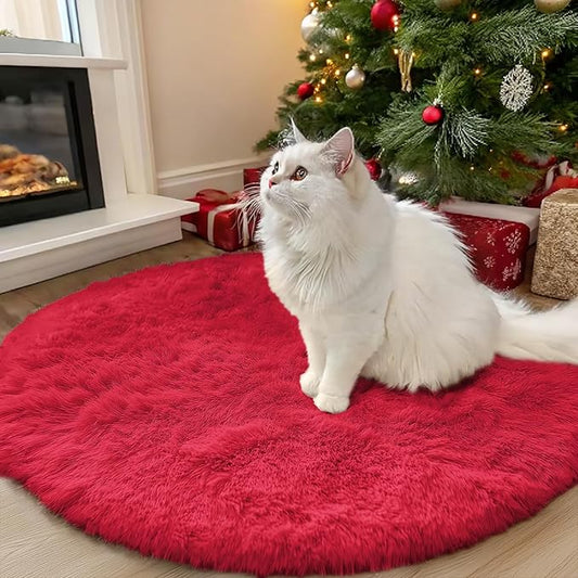 OLANLY Red Round Rugs for Bedroom - Machine Washable, 3x3 Feet Circle Area Rugs for Living Room, Soft and Fluffy Shaggy Carpet for Teen Girls and Boys, Dorms, Nursery Rooms, Home Decor Aesthetic