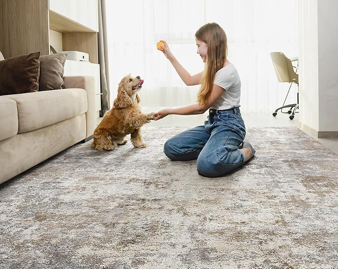 10x12 Area Rug Living Room Rugs - Washable Neutral Modern Abstract Soft Thin Large Rug Indoor Floor No Slip Rug Carpet for Bedroom Under Dining Table Home Office Decor - Brown Grey