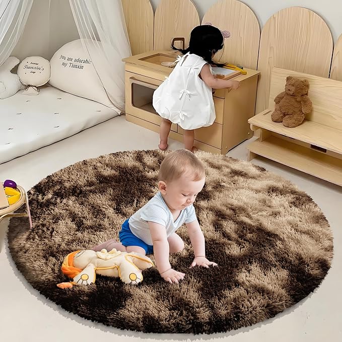 Tie-dye Coffee Fluffy Round Rug,Soft Area Rugs for Girls Room,Shaggy Rugs 3'X3' for Living Room,Non Slip Circle Rug for Kids Bedroom,Shag Plush Nursery Carpets,Fuzzy Rug for Dorm,Room Decor Carpet