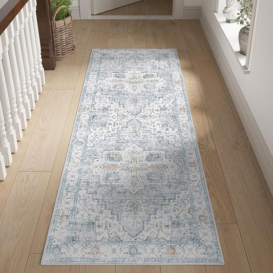 jinchan Tribal Runner Rug 2x5 - Kitchen Machine Washable Vintage Floral Non-Slip with Rubber Backing Ultra-Thin Low-Pile Carpet Runner for Hallway Entryway Bedroom Laundry Room (2x5ft,Grey/Blue)