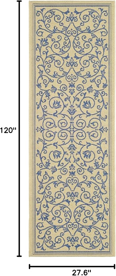 SAFAVIEH Courtyard Collection Runner Rug - 2'3" x 10', Natural & Blue, Scroll Design, Non-Shedding & Easy Care, Indoor/Outdoor & Washable-Ideal for Patio, Backyard, Mudroom (CY2098-3101)