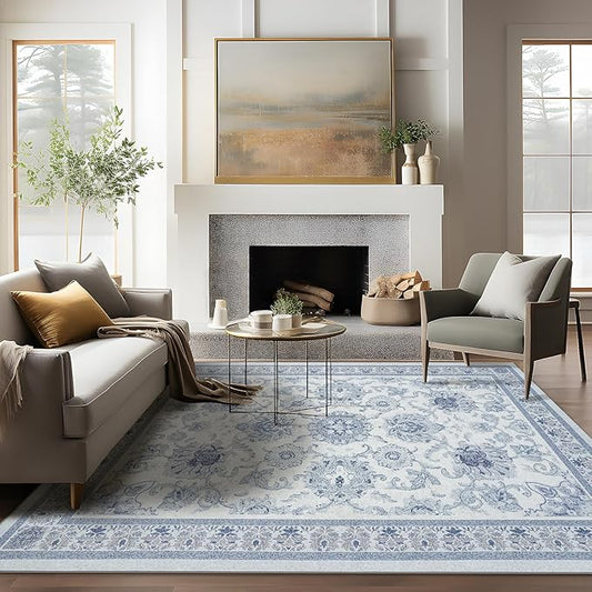 Phantoscope Vintage Collection Area Rug 5'x7' - Washable Rug Boho Rugs Non-Slip for Living Room, Bedroom, Dining Room, Dorm, Indoor Low-Pile Carpet Distressed Accent Rug, Blue/White
