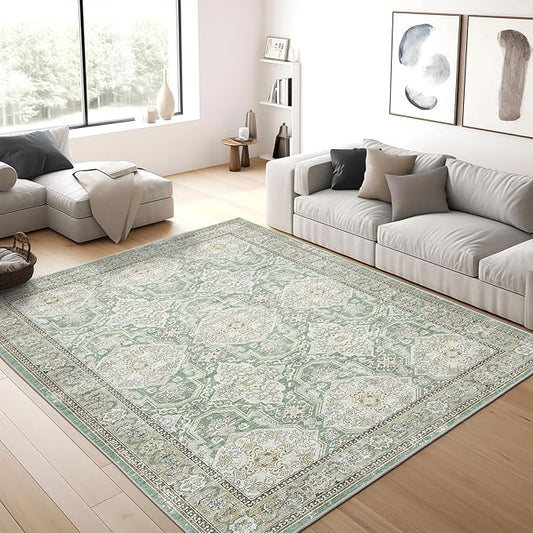 3x5 Area Rugs, Washable Rug, Small Stain Resistant Area Rug for Living Room Bedroom Kitchen Dining Room, Vintage Geometric Rug (Green, 3'x5')