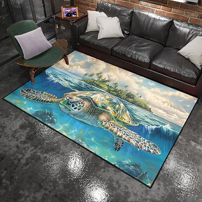 Sea Turtle Coastal Rug - Kids Sea Turtle Rugs for Bedroom Island Ocean Life Theme Carpet for Living Room Classroom, 70" L x 55" W