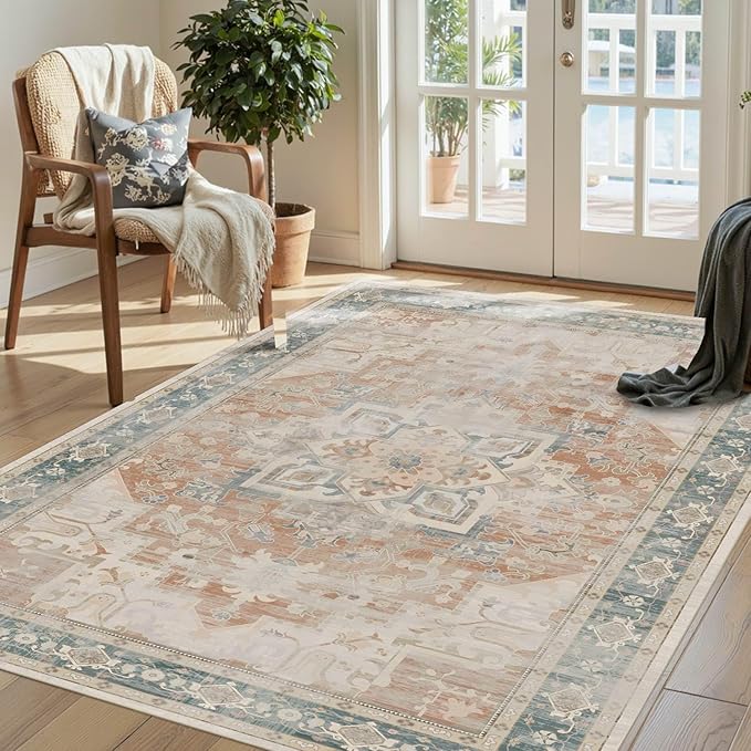 3x5 Orange Washable Entryway Rug, Non Slip Boho Runner Rugs for Hallway, Entrance, Kitchen, Bathroom, Laundry Room, Soft Entryway Carpet, Throw Low Pile Retro Imitation Wool Carpet, Coral