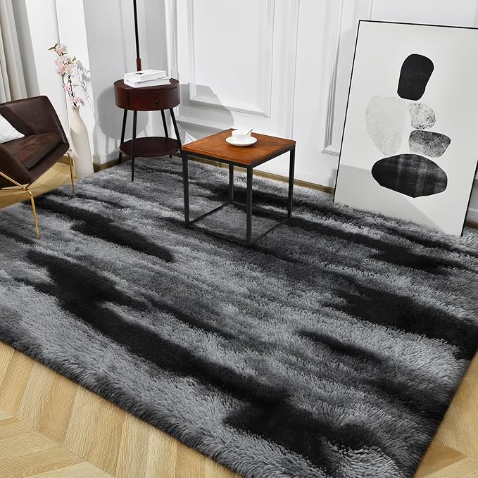 TWINNIS Super Soft Shaggy Rugs Fluffy Carpets, 5x8 Feet, Indoor Modern Plush Area Rugs for Living Room Bedroom Kids Room Nursery Home Decor, Upgrade Anti-Skid Rectangular Fuzzy Rug, Black Gray
