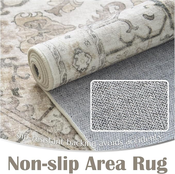 jinchan Hallway Runner Rug 3x10 Machine Washable - Vintage Floral Non-Slip Low-Pile Soft Ultra-Thin Faux Wool Kitchen Rug Distressed Carpet Runner for Farmhouse Bedroom Laundry Room (3x10ft,Taupe)