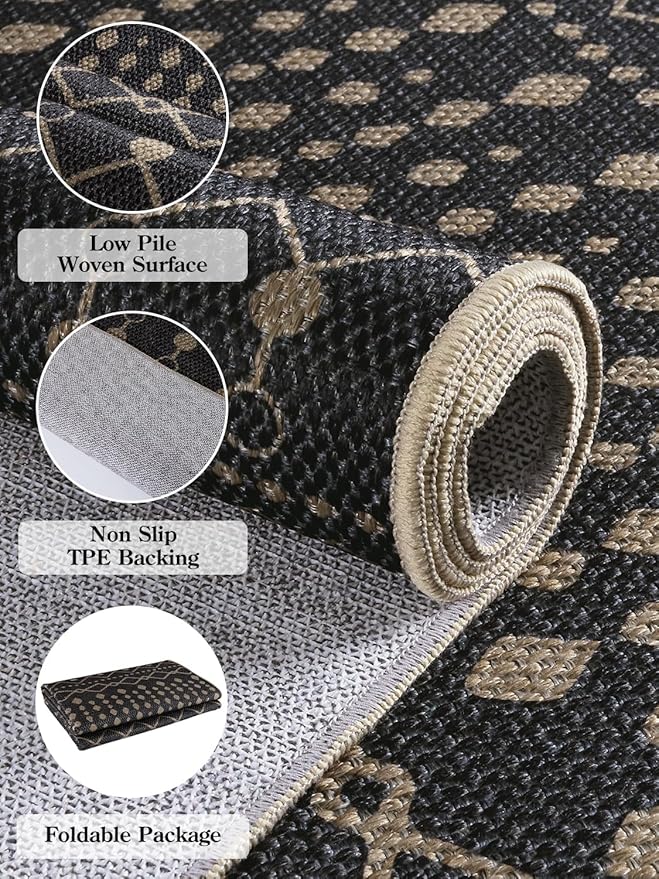 Lahome Washable Long Rug Runners for Hallways Non Slip, 2'6"x8 Jute Black Kitchen Runners Rug with Rubber Backing, Farmhouse Indoor Outdoor Runner Rugs, Moroccan Modern Carpet Runner for Entry Bedroom