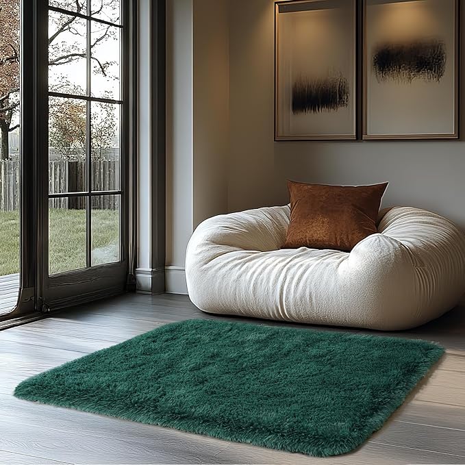 Zentavio Bedside Rugs Small 2x3 Shag Entry Entrance Rugs Soft Bedroom Carpet Area Rugs for Dorm College Essentials Non-Slip Living Room Throw Rug Home Decor Aesthetic Nursery Emerald Green
