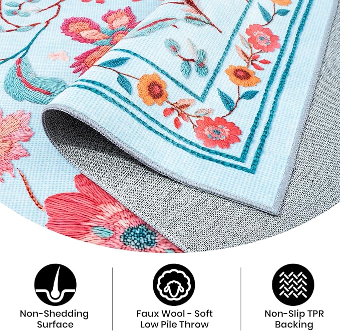 Area Rugs for Living Room 9x12 Non-Slip Carpet Washable Boho Rug Vintage Low Pile Carpet Print Home Rugs for Bedroom Kids Room Playroom Dining Room Home Office Farmhouse,Blue
