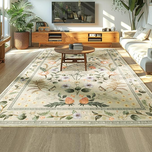 Area Rugs for Living Room, Non-Slip 4x6 Washable Rug for Bedroom,Vintage Floral Carpet for Entryway Office Kitchen Dining Room, Beige
