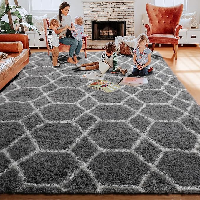 ONASAR Area Rugs for Bedroom Living Room, Washable 4x6 Fluffy Grey and White Floor Rug, Shaggy Geometric Soft Plush Fuzzy Carpet for Nursery Teen Playroom Dorm Office Home Decor Aesthetic